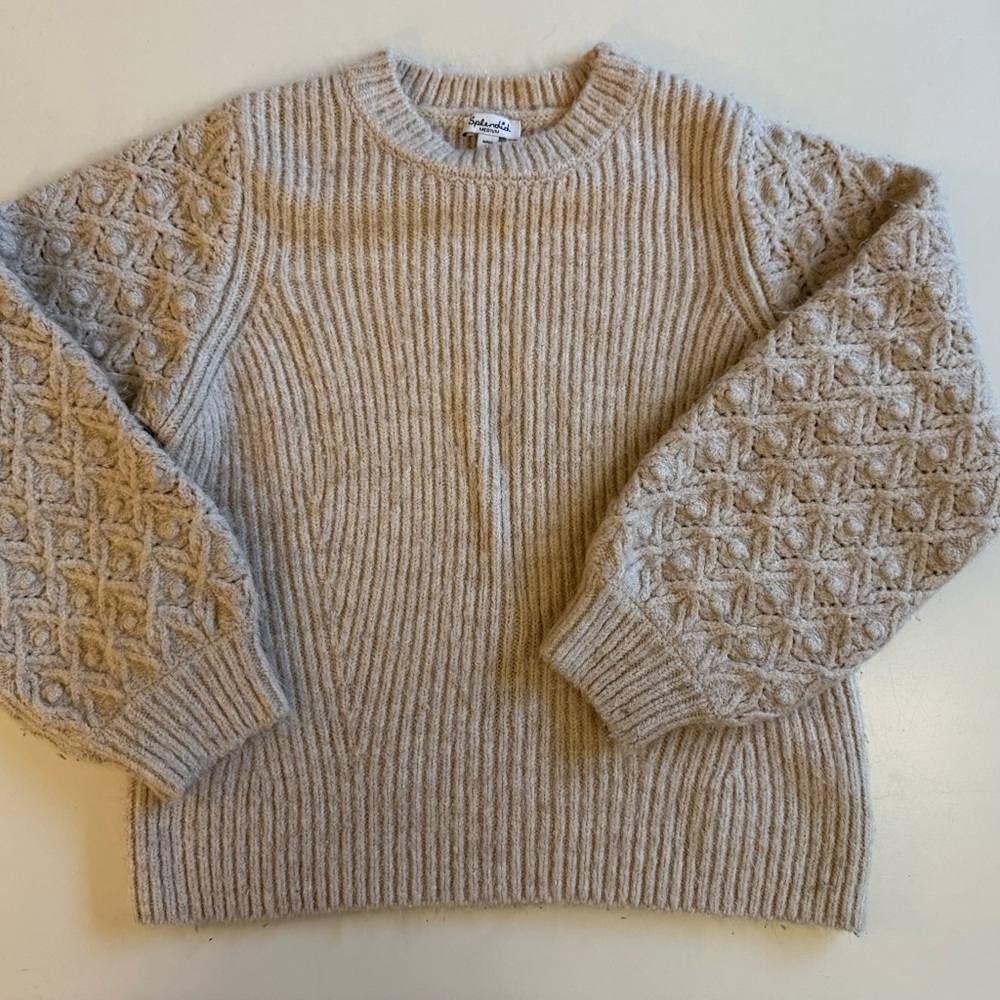 Splendid Neutral Balloon-Sleeve Crewneck Sweater in Oat